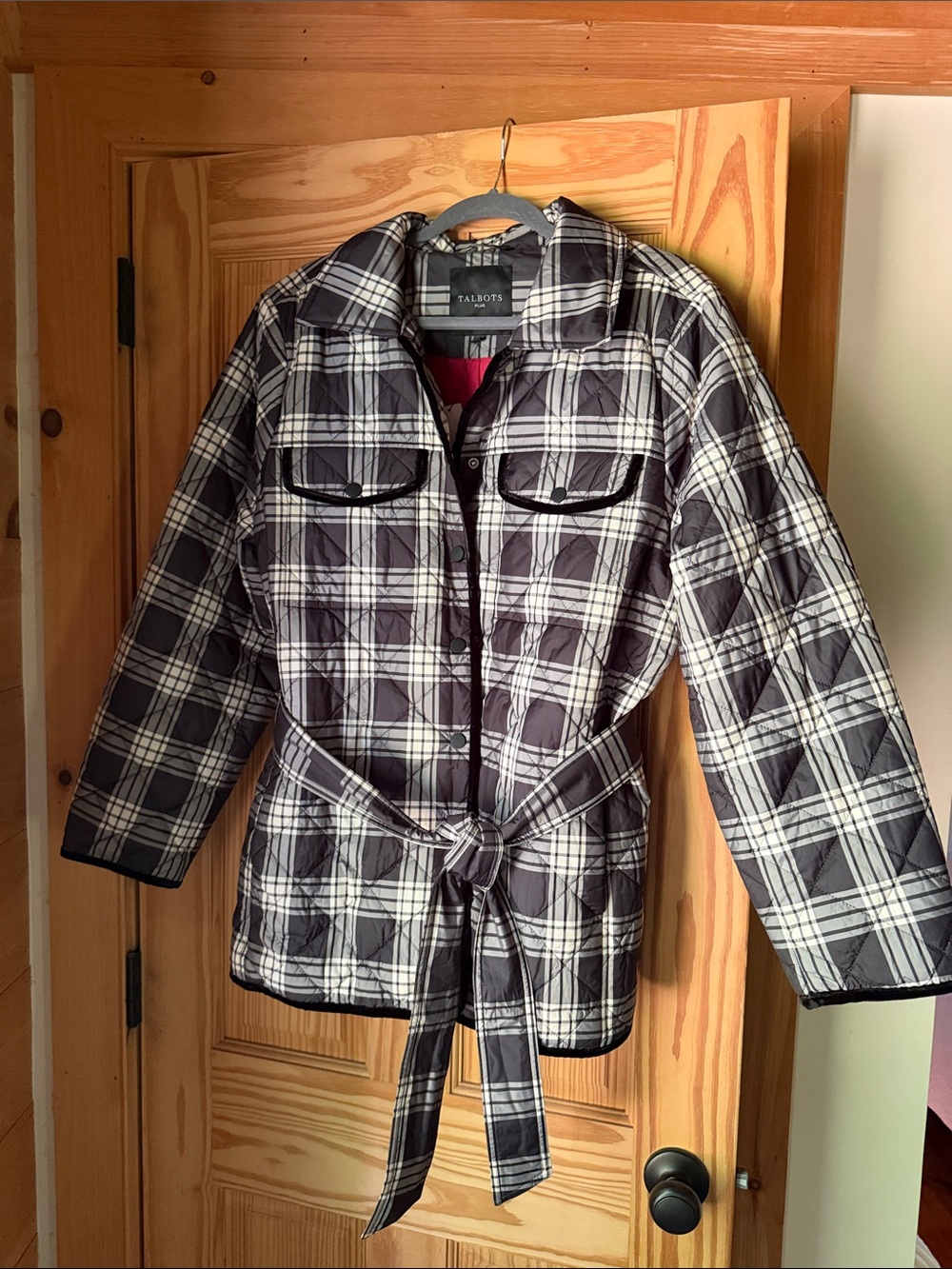 Talbots Black and White Plaid Quilted Belted Jacket